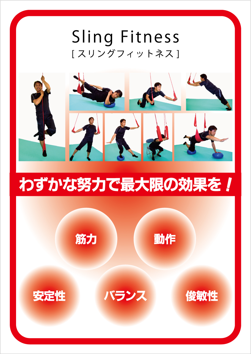 スリングフィットネスはレッドコードを使い体幹、とくに腹横筋を中心に筋力トレーニングをします。